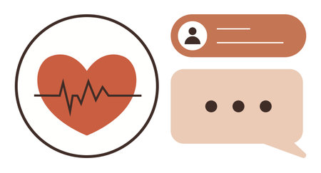 Heart with an ECG line, user profile icon, and a speech bubble representing health monitoring, user interaction, communication, messaging, healthcare support, patient care, simple flat metaphorのイラスト素材