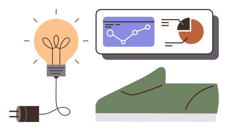 Light bulb with plug, analytics panel, and green sneaker representing innovation. Ideal for...