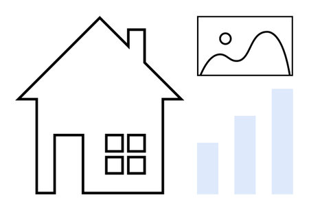 Real estate growth concept. Real estate by a house outline paired with a bar graph and framed landscape art. Real estate trends, market analysis, investment insights, and strategyのイラスト素材