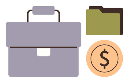 Gray briefcase, green document folder, and orange dollar coin symbolizing business, organization, money, success, financial planning, work and professional growth. Ideal for simple flat metaphorのイラスト素材
