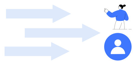 Three arrows flow toward a user-focused icon while a person gestures, symbolizing direction, teamwork, progress, insight, user-focus, goal-setting, and leadership in a simple flat metaphorのイラスト素材