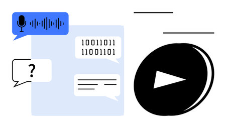 Speech bubble with microphone and sound waves, code, and chat icons next to play button. Ideal for AI, voice assistant, speech-to-text, chatbot, podcasting, tech UI and media concepts with simpleのイラスト素材