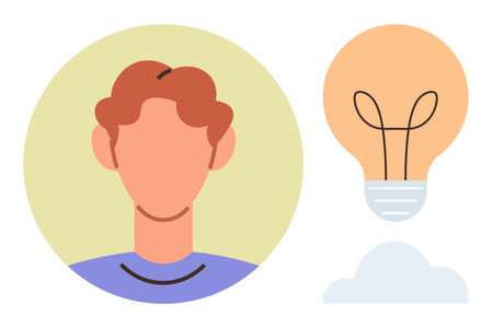 Abstract human portrait with a light bulb and cloud symbolizing ideas, innovation, and brainstorming. Ideal for creativity, problem-solving, inspiration, teamwork, growth mindset, educationのイラスト素材