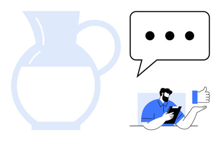Jug of liquid, speech bubble with text dots, person holding tablet sharing feedback via thumbs up. Ideal for communication, feedback, interaction, technology, conversation, collaboration minimalismのイラスト素材