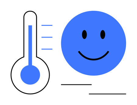 Temperature concept. Blue thermometer icon alongside a smiling face linking temperature and mood...