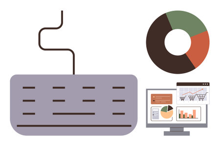 Keyboard, color-coded pie chart, and computer screen with bar graphs and shopping cart icons. Ideal for analytics, e-commerce, data visualization, research, computing, business insights educationのイラスト素材