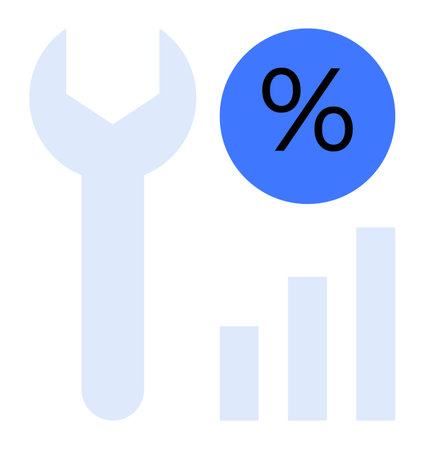 Data analysis concept. Wrench, percent sign, and bar graph display tools for evaluating statistics. Data analysis supports financial planning, repair services, and business growth. Perfectのイラスト素材
