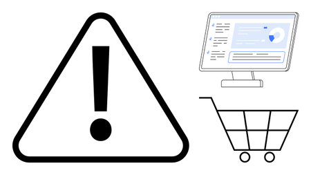 Black exclamation mark in a triangle next to a monitor with data analytics and an empty shopping cart. Ideal for security, e-commerce, warning, risk, management, technology, alerts. Simple flatのイラスト素材