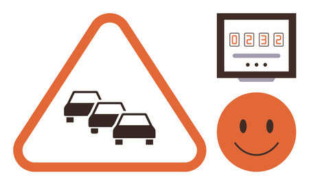 Triangle road sign indicating traffic jam with cars icon, accompanying smiling face and digital counter. Ideal for transportation, safety, automation, road management, alerts, efficiency, simple flatのイラスト素材