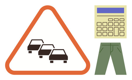 Traffic warning triangle with cars, a digital calculator, and green pants. Ideal for caution, calculation, fashion, road safety, planning multitasking minimalistic representation. Simple flatのイラスト素材