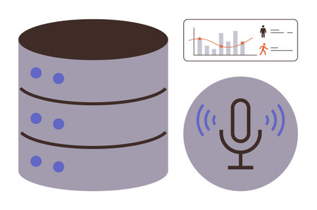 Data server, microphone with sound waves, and analytics chart depicting connections between voice...
