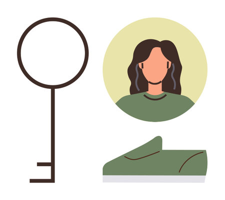 Key, woman s portrait, and sneaker icon representing themes of personal identity, security, creativity, travel, self-expression, lifestyle and individuality. Ideal for simple flat metaphorのイラスト素材