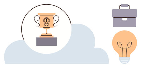 Trophy for victory, briefcase symbolizing work, lightbulb for innovation over a cloud. Ideal for success, motivation, achievement, creativity, career leadership innovation. Simple flat metaphorのイラスト素材