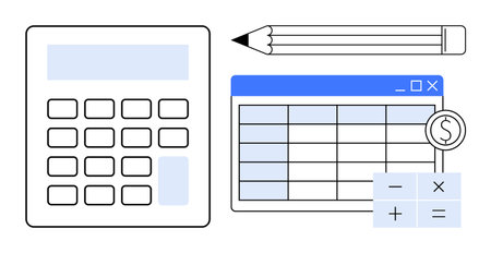 Calculator, grid spreadsheet, money symbol, and pencil conveying accounting, budgeting, analysis,...
