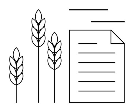 Wheat spikes beside a document with text lines evoke farming policies, agricultural planning, trade agreements, and harvest documentation. Ideal for agriculture, economy, policy, researchのイラスト素材