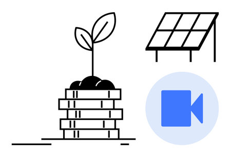 Stack of coins with sprouting plant, solar panel, and camera icon representing economic sustainability, clean energy, and modern communication. Ideal for eco-finance, business, environmentのイラスト素材