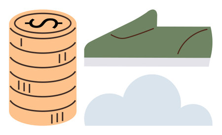Stack of coins, green shoe, and cloud symbolize financial growth, sustainability, and economic solutions. Ideal for themes thumbs up finance, environment, innovation, investment savings lifestyleのイラスト素材