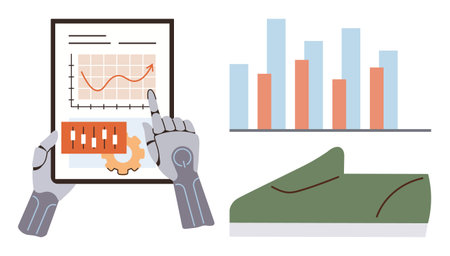 Robotic hands interact with data charts and gear icon bar graph and sneaker signify technology, analytics, innovation, automation, research, product design, and development simple flat metaphorのイラスト素材