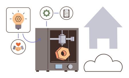 3D printer producing geometric object, surrounded by lightbulb, gear, handshake, checklist icons,...