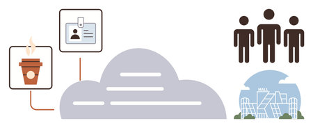 Cloud network links ID badge, coffee cup icon, shopping mall, and people. Ideal for connectivity,...