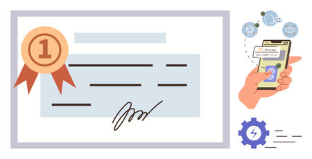 Award certificate featuring signature and ribbon, paired with smartphone OTP confirmation and gear icon. Ideal for recognition, digital security, achievement, online validation, complianceのイラスト素材