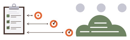 Clipboard with checklist arrows pointing to progress icons, leading to a successful goal symbol. Ideal for productivity, workflow, planning, efficiency, organization, task prioritization, simple flatのイラスト素材