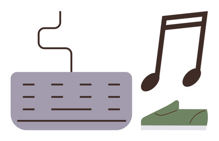 Keyboard, musical note, and sneaker symbolizing creativity, productivity, and movement. Ideal for music, work-life balance, innovation leisure fitness goals lifestyle themes. Simple flat metaphorのイラスト素材