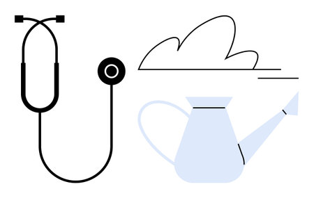 Stethoscope, cloud, and watering can symbolize health, growth, care, and sustainability. Ideal for wellness, healthcare environment self-care holistic health agriculture and balance. Simple flatのイラスト素材