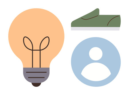 Lightbulb, blue profile avatar, and green sneaker. Ideal for creativity, identity, innovation, lifestyle, inspiration user profiles or modern concepts. A simple flat metaphorのイラスト素材