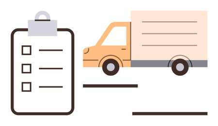Orange delivery truck next to completed checklist with boxes. Ideal for delivery, logistics, planning, shipping, organization, inventory, supply chain. Clean and simple flat metaphorのイラスト素材