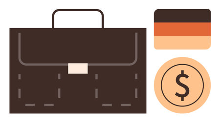 Brown briefcase symbolizes work and professionals, with a dollar coin for money and credit card for payments. Ideal for business, finances, transactions, investments, entrepreneurship, budgetingのイラスト素材