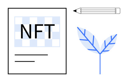 NFT paper with a checker pattern, pencil, and abstract leaf design. Ideal for blockchain, creativity, finance, innovation, digital art sustainability and technology concepts. A simple flat metaphorのイラスト素材