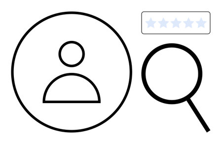 Person icon inside a circle, magnifying glass, and five-star rating element. Ideal for user profile, assessment, recruitment, review, search performance and rating system. Simple flat metaphorのイラスト素材