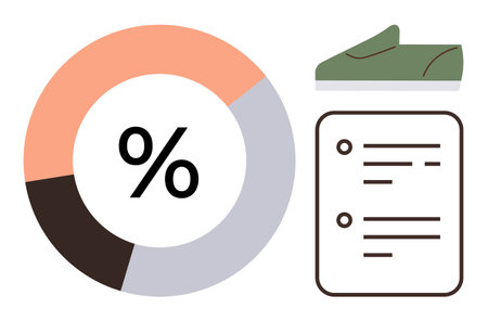 Pie chart highlights sales percentage, sneaker visual represents product, checklist outlines analysis details. Ideal for retail planning, marketing, e-commerce insights, footwear industry, dataのイラスト素材