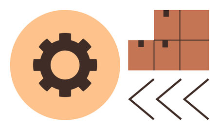Gear in circular background beside stacked boxes and arrows symbolizing process flow, automation, and shipping. Ideal for logistics, production, warehouse, supply chain, efficiency, distributionのイラスト素材