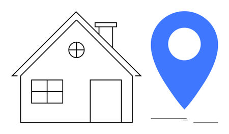 Simple house outline alongside a blue location pin. Ideal for real estate, navigation, home address, GPS, property search, community planning, remote work. Simple flat metaphorのイラスト素材