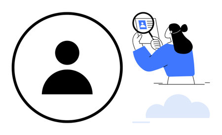 User identity verification. Profile icon and person inspecting ID with magnifying glass highlight user identity verification in digital platforms. For cybersecurity, onboarding, apps, tech conceptsのイラスト素材