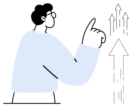 Person with glasses pointing toward upward arrows symbolizing progress, success, or ambition. Ideal for leadership, aspiration, career development, motivation, strategy, innovation performanceのイラスト素材