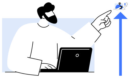 Man with laptop pointing at growth arrow, symbolizing leadership, success, and teamwork. Ideal for business growth, strategy, productivity, leadership innovation goals motivation. Clean flatのイラスト素材