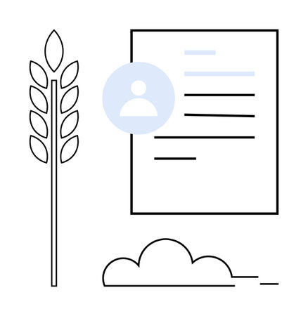 Wheat stem, document with horizontal lines, user profile icon, and minimalist cloud. Ideal for agriculture, identity, sustainability, farming documentation profiles career development. Simple flatのイラスト素材