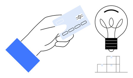 Hand holding a credit card, light bulb symbolizing innovation, stacked boxes for logistics. Ideal for e-commerce, payment, ideas, innovation, business solutions logistics creativity. Simple flatのイラスト素材