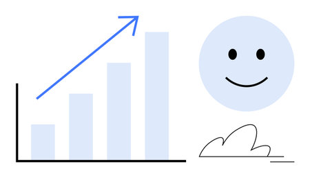 Bar graph with upward trend, smiling face, and dynamic elements. Ideal for growth, success, positivity, productivity, motivation progress achievement. Represents a simple flat metaphorのイラスト素材