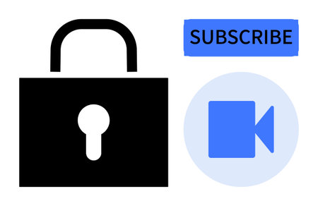 Locked padlock symbol with Subscribe button and video camera icon conveys security, subscription access, privacy, and exclusive content. Ideal for data protection, media streaming, content accessのイラスト素材