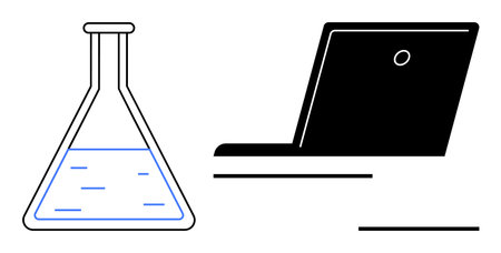 Laboratory flask with liquid and modern laptop signifying scientific experimentation, digital analysis, and research. Ideal for innovation, technology, science, education, data, teamwork simple flatのイラスト素材