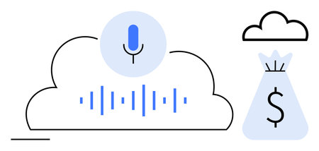Cloud with microphone and soundwave representing voice technology and cloud computing next to money...