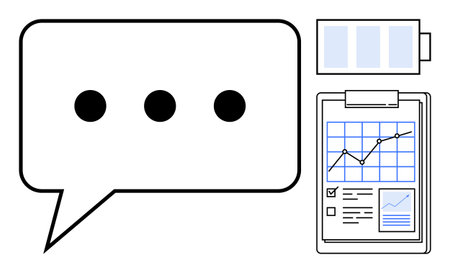 Speech bubble with ellipsis next to clipboard displaying charts and analytics, representing conveying ideas, teamwork, productivity, technology, progress, organization, and planning as a simple flatのイラスト素材