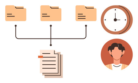 Folder hierarchy linked to documents, clock signifying deadlines, and user representing teamwork. Ideal for data management, task planning, project workflow, productivity, account handlingのイラスト素材