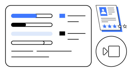 Progress bars, resume document with ratings, video play button. Ideal for recruitment, performance...