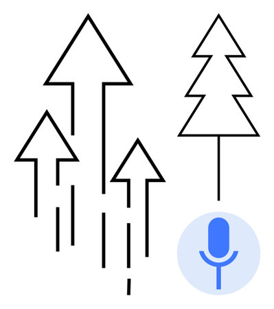Abstract arrows symbolize progress, tree represents nature, with a blue microphone implying voice automation. Ideal for sustainability, innovation, technology, eco-solutions, communication, progressのイラスト素材