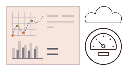Graph with trend lines, bar chart, speedometer, and cloud icon highlight data analysis, performance...